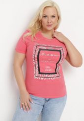 Różowy Bawełniany T-shirt Koszulka z Krótkim Rękawem Ozdobiona Nadrukiem i Cyrkoniami Codara. Czerwone bluzki damskie Born2be, l, bez wzorów, z bawełny, bez kołnierzyka. Za 34.99 zł.