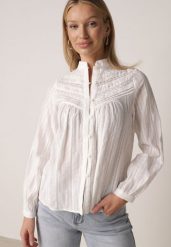 Biała Bawełniana Rustykalna Koszula ze Stójką i Koronkowymi Wstawkami Felielia. Białe bluzki damskie Born2be, l, bez wzorów, z bawełny, eleganckie, bez kołnierzyka, bez ramiączek. Za 139.99 zł.