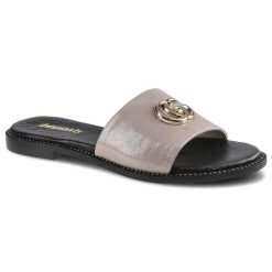 Klapki damskie Dwunasty Shoes, z szerokim paskiem z przodu płaską podeszwą oraz ozdobnym detalem na cholewce, różowe, 907-1. Czerwone klapki damskie Dwunasty Shoes, bez wzorów, ze skóry, bez obcasa, na obcasie, bez zapięcia. Za 205.00 zł.