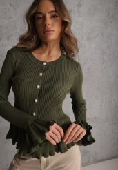 Zielony Wiskozowy Kardigan w Prążki z Falbankami i Guzikami z Cyrkoniami Danareia. Zielone swetry dla dziewczynek Renee, bez wzorów, z wiskozy, bez kołnierzyka, bez ramiączek, bez kaptura. Za 119.99 zł.