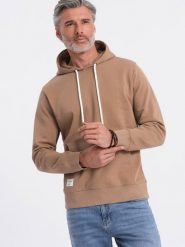Męska bluza dresowa kangurka z kapturem - brązowa V2 OM-SSBN-0177 - S. Brązowe bluzy męskie Ombre Clothing, l, z aplikacjami, z bawełny, z kapturem. Za 77.99 zł.