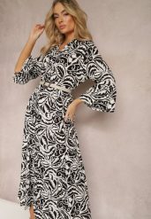 Czarno-Biała Sukienka Maxi z Falbanką z Guzikami i Liściastym Wzorem Polka. Czarne sukienki damskie Renee, l, bez wzorów, eleganckie, bez kołnierzyka, bez ramiączek, maxi. Za 69.99 zł.