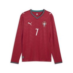 Męska koszulka domowa z długim rękawem zawodnika Portugalia 2026 PUMA. Czerwone koszulki sportowe męskie Puma, m, bez wzorów, bez kołnierzyka, bez ramiączek, do piłki nożnej. Za 559.00 zł.
