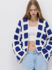 Wzorzysty kardigan handmade - niebieski. Niebieskie kardigany damskie Reserved, bez wzorów, z bawełny. W wyprzedaży za 179.99 zł.