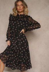 Czarna Rozkloszowana Sukienka w Kwiatowy Print z Wiązaniem w Talii i Pod Dekoltem Ronflara. Czarne sukienki damskie Renee, na co dzień, l, bez wzorów, z jeansu, eleganckie, bez kołnierzyka, bez ramiączek, midi, kopertowe. Za 139.99 zł.