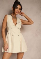 Beżowa Sukienka o Rozkloszowanym Kroju z Guzikami Tallisca. Brązowe sukienki damskie Renee, m, bez wzorów, eleganckie, bez kołnierzyka, bez ramiączek, mini, rozkloszowane. Za 89.99 zł.