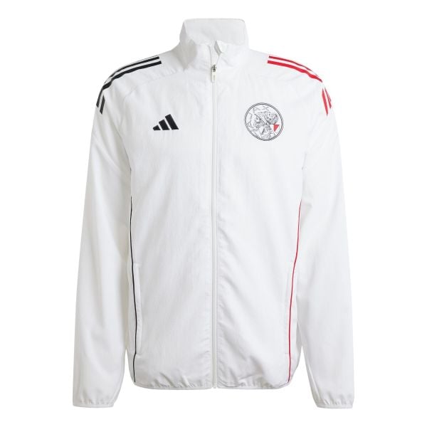 Kurtka prezentacyjna Ajax Amsterdam 2025/26. Białe kurtki męskie Adidas, bez wzorów, sportowe, bez kaptura. W wyprzedaży za 307.50 zł.