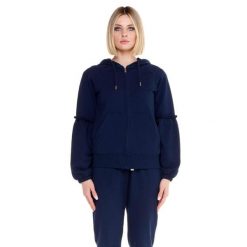 Błyszcząca damska bluza z kapturem zapinana na zamek. Niebieskie bluzy sportowe damskie LEONE 1947 APPAREL, bez wzorów, z tkaniny, na fitness i siłownię. W wyprzedaży za 167.70 zł.