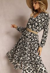 Czarna Koszulowa Sukienka Ozdobiona Ornamentalnym Printem Crypta. Czarne sukienki damskie Renee, l, bez wzorów, z tkaniny, bez kołnierzyka, bez ramiączek, maxi, koszulowe. Za 79.99 zł.