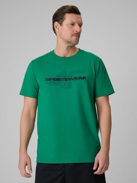 4F T-shirt regular z nadrukiem męski - zielony L. Zielone t-shirty męskie 4f, l, bez wzorów, z bawełny, bez kołnierzyka. W wyprzedaży za 39.99 zł.
