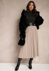 Beżowa Połyskująca Spódnica o Rozkloszowanym Kroju z Gumką w Pasie i Plisami Edalliana. Brązowe spódnice damskie Renee, l, bez wzorów, z materiału, eleganckie, midi, dopasowane. Za 119.99 zł.
