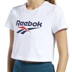 Koszulka sportowa damska Reebok Crop Top. Białe koszulki sportowe damskie Reebok, s, bez wzorów, bez kołnierzyka, bez ramiączek. Za 107.00 zł.