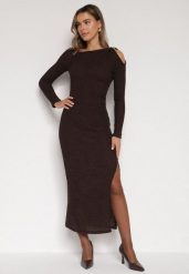 Brązowa Dopasowana Sukienka z Metaliczną Ozdobą na Ramieniu Reilara. Brązowe sukienki damskie Born2be, uniwersalny, z aplikacjami, eleganckie, bez kołnierzyka, bez ramiączek, dopasowane. Za 139.99 zł.