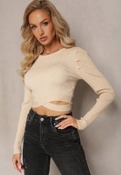 Beżowy Dopasowany Sweter z Wycięciami w Talii Aasiriz. Brązowe swetry damskie Renee, bez wzorów, z jeansu, casualowe, bez kołnierzyka, bez ramiączek, bez kaptura. Za 129.99 zł.