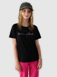 4F T-shirt z nadrukiem dziewczęcy - czarny 122 (6-7 lat). Czarne t-shirty i topy dla dziewczynek 4f, bez wzorów, z bawełny, bez ramiączek. W wyprzedaży za 19.99 zł.