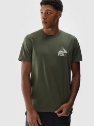 4F T-shirt regular z nadrukiem męski - oliwkowy/khaki S. Brązowe koszulki sportowe męskie 4f, m, bez wzorów, z bawełny, bez kołnierzyka, bez ramiączek. W wyprzedaży za 39.99 zł.