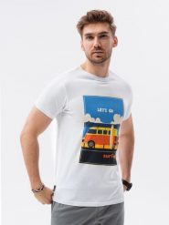 T-shirt męski z nadrukiem - biały V8A - Rozmiar: XL. Białe t-shirty męskie Ombre Clothing, m, bez wzorów, z bawełny, klasyczne, bez kołnierzyka. W wyprzedaży za 29.99 zł.
