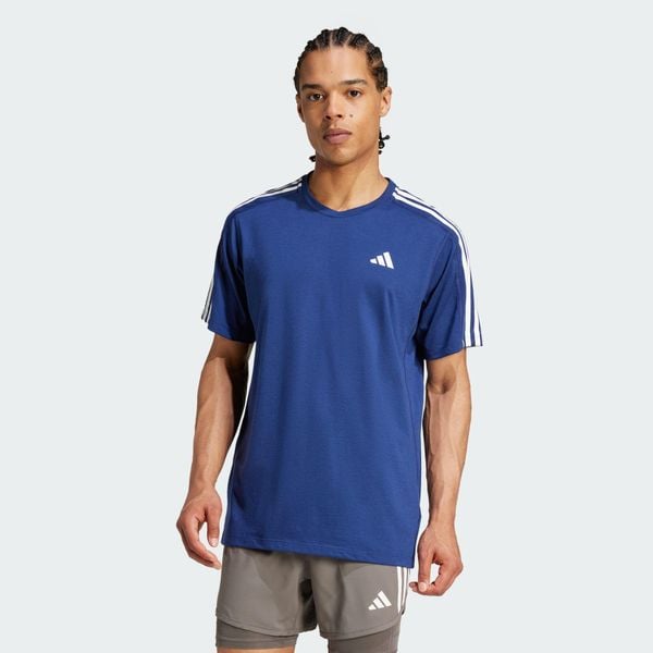 Koszulka Own the Run 3-Stripes. Niebieskie koszulki sportowe męskie Adidas, s, bez wzorów, z bawełny, bez kołnierzyka, bez ramiączek, do biegania. Za 199.00 zł.
