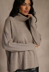 Ciemnobeżowy Casualowy Golf Tusara. Brązowe swetry damskie Renee, s, bez wzorów, z jeansu, bez kołnierzyka, bez ramiączek, bez kaptura. Za 79.99 zł.