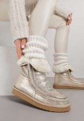 Złote Metaliczne Śniegowce Wsuwane Zdobione Futerkiem Vetirene. Żółte śniegowce dziewczęce Renee, z jeansu, bez zapięcia. Za 169.99 zł.