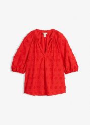 Bluzka tunikowa z czystej bawełny. Czerwone bluzki damskie bonprix, bez wzorów, z bawełny, bez kołnierzyka, bez ramiączek. Za 149.99 zł.