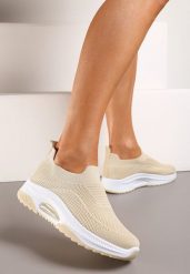 Beżowe Wsuwane Buty Sportowe na Koturnie z Perforacją Mellarina. Brązowe obuwie sportowe damskie Born2be, bez wzorów. Za 49.99 zł.