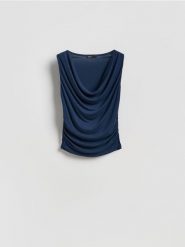 Drapowana bluzka z modalem - granatowy. Niebieskie bluzki damskie Reserved, l, bez wzorów, z dzianiny, bez kołnierzyka, bez ramiączek. Za 69.99 zł.