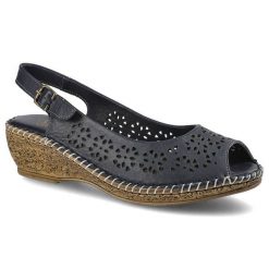 Sandały damskie Lanqier, naturalna skóra licowa z ażurową cholewką regulowanym paskiem na sprzączce oraz koturnem z korkowym wykończeniem, granatowe,. Niebieskie sandały damskie Lanqier, w ażurowe wzory, ze skóry, bez obcasa, na koturnie, bez zapięcia. Za 139.00 zł.