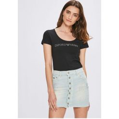 Emporio Armani - Top. Szare topy damskie Emporio Armani, z aplikacjami, z bawełny, z okrągłym kołnierzem, z krótkim rękawem. W wyprzedaży za 149.90 zł.
