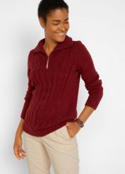 Sweter ze stójką we wzór w warkocze. Czerwone swetry damskie bonprix, bez wzorów, ze skóry, bez kołnierzyka, bez ramiączek, bez kaptura. Za 109.99 zł.