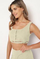 Jasnozielony Top Zapinany na Napy z Ozdobnym Paskiem Tiamarose. Zielone bluzki damskie Born2be, na lato, s, bez wzorów, z jeansu, eleganckie, bez kołnierzyka, bez ramiączek. Za 74.99 zł.