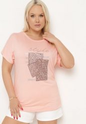 Jasnoróżowy Bawełniany T-shirt z Ozdobnym Napisem i Cyrkoniami Krisiona. Czerwone bluzki damskie Born2be, l, bez wzorów, z bawełny, biznesowe, bez kołnierzyka. Za 34.99 zł.