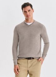 PAKO LORENTE - Wełniany sweter w kolorze beżowym. Brązowe swetry przez głowę męskie Pako Lorente, na jesień, m, bez wzorów, z wełny, bez kołnierzyka. Za 399.99 zł.