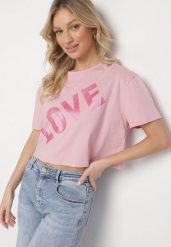 Różowy Bawełniany T-shirt Oversize o Krótkim Kroju z Napisem Sannelia. Czerwone bluzki damskie Born2be, m, bez wzorów, z bawełny, bez kołnierzyka. Za 34.99 zł.