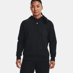 Bluza fitness damska UNDER ARMOUR Rival Fleece z kapturem. Czarne bluzy sportowe damskie Under Armour, s, bez wzorów, z kapturem, na fitness i siłownię. Za 255.94 zł.