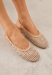 Ciemnobeżowe Plecione Baleriny Typu Slingback Ellariell. Brązowe baleriny damskie Renee, bez wzorów, z jeansu, bez obcasa, na płaskiej podeszwie, bez zapięcia. Za 99.99 zł.