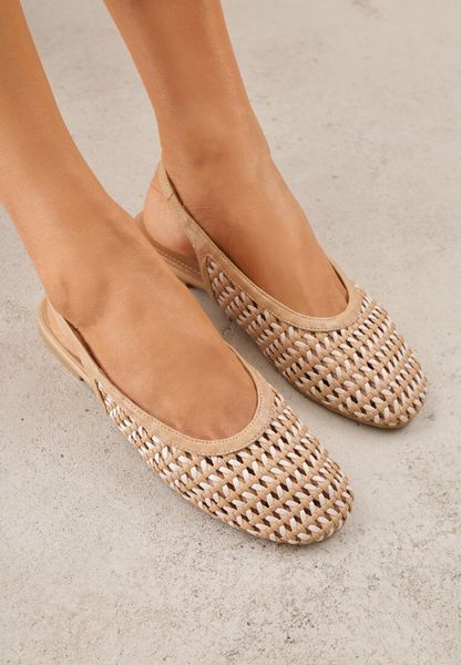 Ciemnobeżowe Plecione Baleriny Typu Slingback Ellariell. Brązowe baleriny damskie Renee, bez wzorów, z jeansu, bez obcasa, na płaskiej podeszwie. Za 79.99 zł.