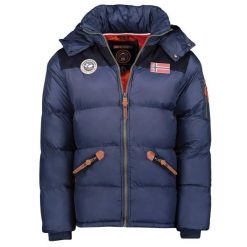 Kurtka puchowa z kapturem Geographical Norway Celian. Niebieskie kurtki męskie Geographical Norway, l, bez wzorów, z materiału, eleganckie, z kapturem. Za 397.15 zł.