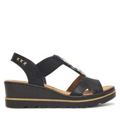 Sandały Rieker. Czarne sandały damskie Rieker, bez wzorów, bez obcasa, na koturnie, bez zapięcia. Za 319.99 zł.