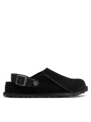 Birkenstock Sandały Lutry 1025356 Czarny. Czarne klapki damskie Birkenstock, bez wzorów, ze skóry, bez obcasa, na płaskiej podeszwie, bez zapięcia. Za 719.99 zł.