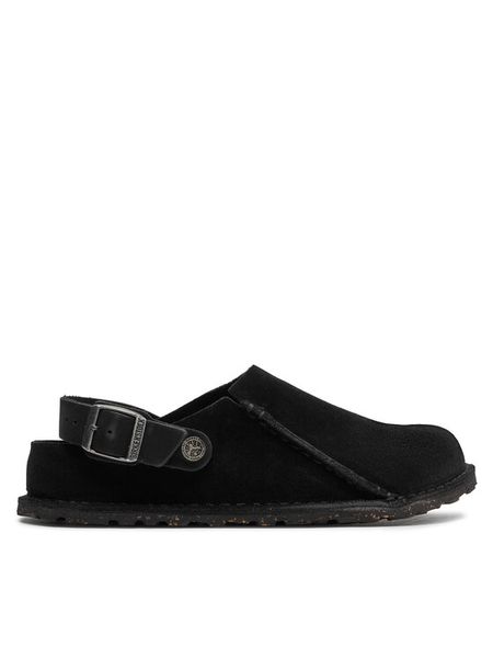 Birkenstock Sandały Lutry 1025356 Czarny. Czarne klapki damskie Birkenstock, bez wzorów, ze skóry, bez obcasa, na płaskiej podeszwie, bez zapięcia. Za 719.99 zł.