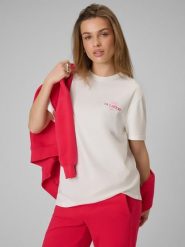 4F T-shirt loose z nadrukiem damski - beżowy L. Brązowe t-shirty damskie 4f, l, bez wzorów, z bawełny, bez kołnierzyka. Za 69.99 zł.