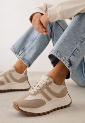 Ciemnobeżowe Sneakersy na Grubej Podeszwie z Ozdobnymi Paskami Diki. Brązowe obuwie sportowe damskie Born2be, bez wzorów, z dresówki. Za 129.99 zł.