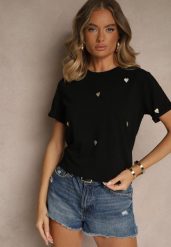 Czarny Bawełniany T-shirt z Motywem Serc Aramiraa. Czarne bluzki damskie Renee, l, bez wzorów, z bawełny, bez kołnierzyka. Za 44.99 zł.