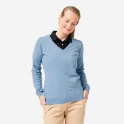 Sweter do golfa damski Inesis MW100 dekolt w serek. Niebieskie obuwie sportowe damskie INESIS, bez wzorów, z bawełny, na golfa. Za 69.99 zł.