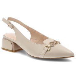 Sandały damskie S.Barski, ze skóry naturalnej z elegancką złotą ozdobą i stabilnym obcasem, beżowe, CR61-3015. Brązowe klapki damskie S.BARSKI, z aplikacjami, z materiału, bez obcasa, na obcasie, bez zapięcia. Za 299.00 zł.