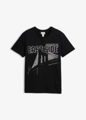 T-shirt z czystej bawełny organicznej, slim fit. Czarne t-shirty męskie bonprix, m, bez wzorów, z bawełny, bez kołnierzyka. Za 52.99 zł.