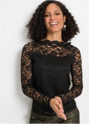 Koronkowa bluzka z długim rękawem. Czarne bluzki damskie bonprix, bez wzorów, z koronki, bez kołnierzyka, bez ramiączek. Za 127.99 zł.