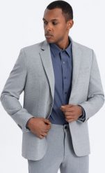 Ombre Marynarka męska elegancka z dekoracyjnymi guzikami na mankietach - szara V2 OM-BLZB-0114 L. Szare garnitury męskie Ombre, bez wzorów, eleganckie. Za 319.99 zł.