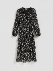 Sukienka maxi w groszki - wielobarwny. Sukienki damskie Reserved, l, bez wzorów, z tkaniny, bez kołnierzyka, bez ramiączek, maxi, rozkloszowane. Za 229.99 zł.
